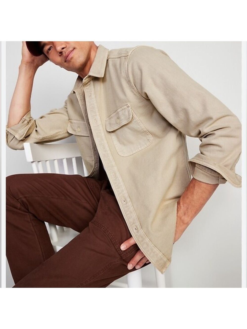 Old Navy Workwear Utility-Pocket Button Up Tan Denim Shirt Shacket